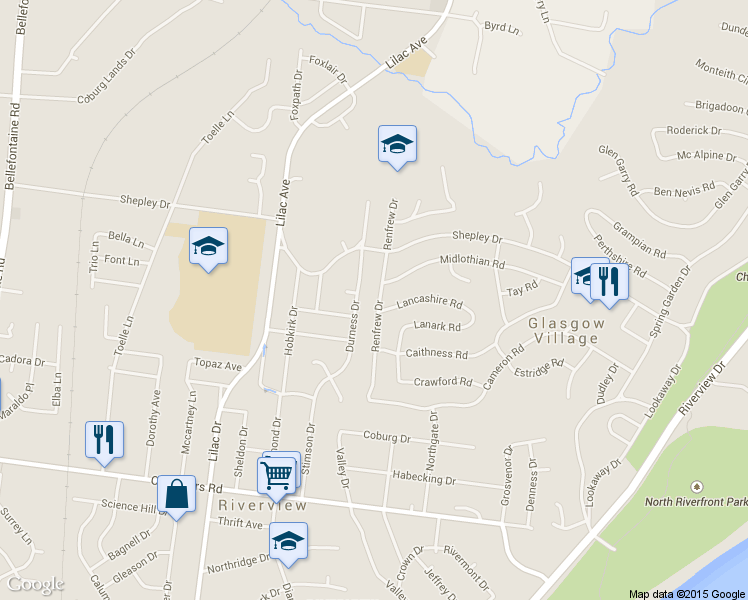 map of restaurants, bars, coffee shops, grocery stores, and more near 10409 Renfrew Drive in St. Louis