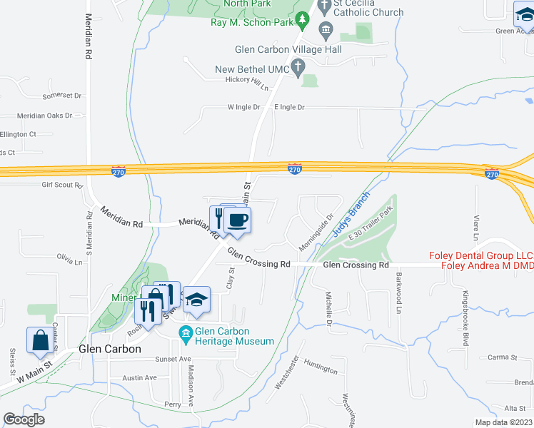 map of restaurants, bars, coffee shops, grocery stores, and more near 48 Summit Drive in Glen Carbon