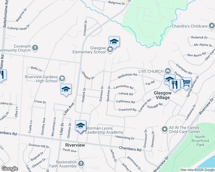 map of restaurants, bars, coffee shops, grocery stores, and more near 10409 Renfrew Drive in St. Louis