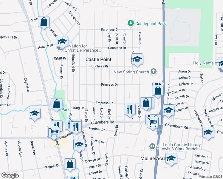 map of restaurants, bars, coffee shops, grocery stores, and more near 10140 Earl Drive in Saint Louis