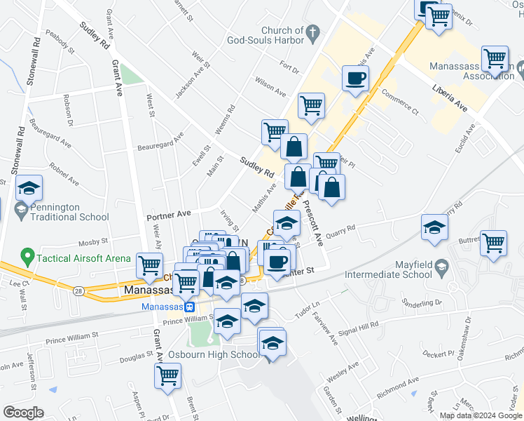 map of restaurants, bars, coffee shops, grocery stores, and more near 9209 Mathis Avenue in Manassas