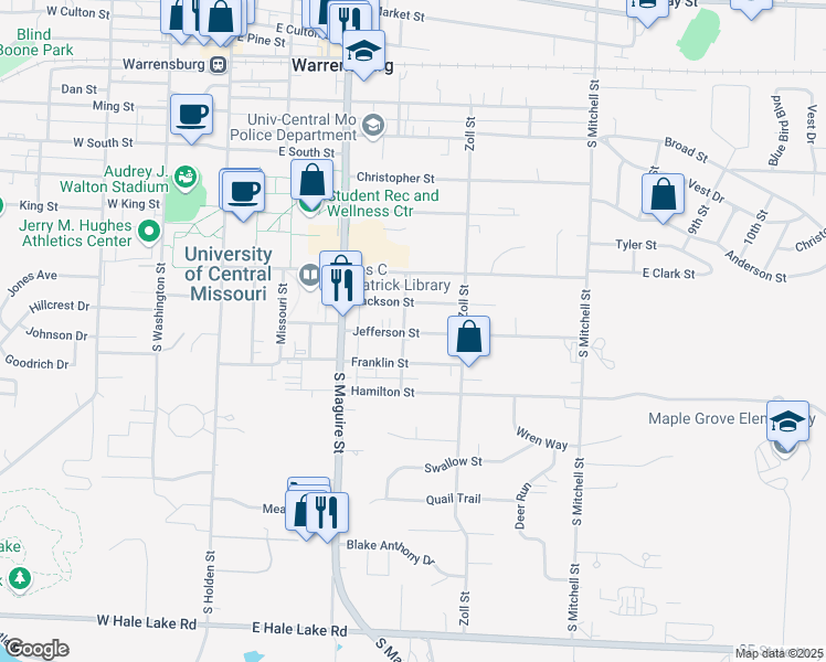 map of restaurants, bars, coffee shops, grocery stores, and more near 411 Jefferson Street in Warrensburg