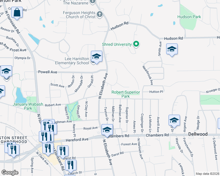 map of restaurants, bars, coffee shops, grocery stores, and more near 735 Melcher Avenue in Ferguson