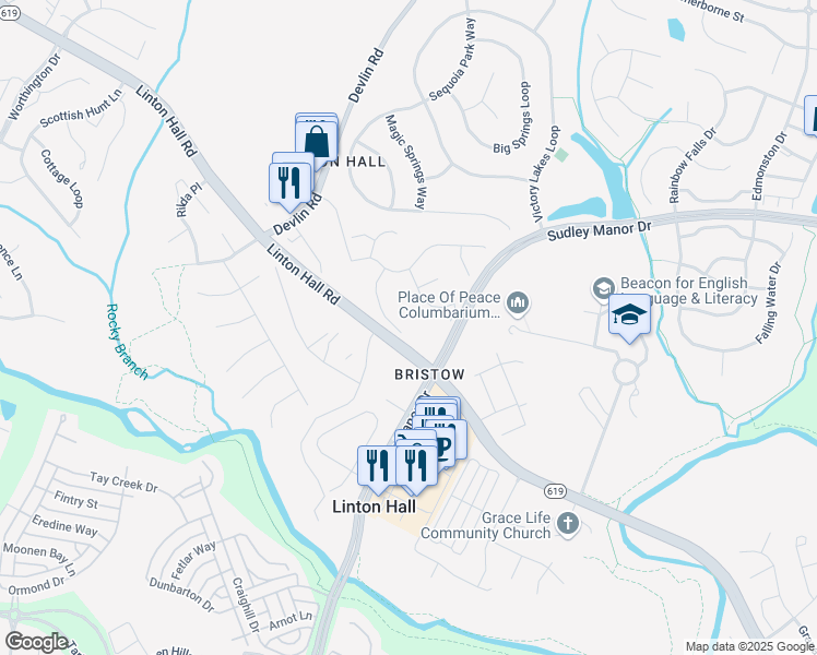 map of restaurants, bars, coffee shops, grocery stores, and more near 9337 Rustic Breeze Court in Bristow