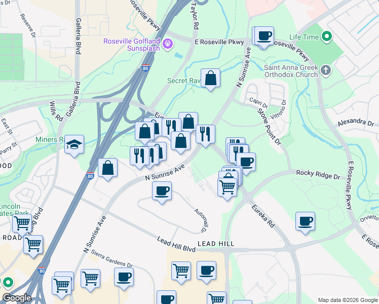 map of restaurants, bars, coffee shops, grocery stores, and more near 378 North Sunrise Avenue in Roseville