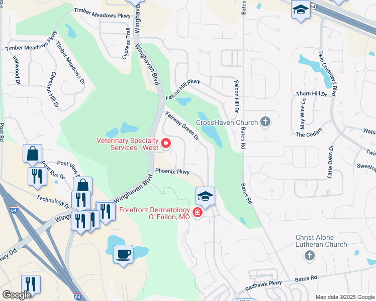 map of restaurants, bars, coffee shops, grocery stores, and more near 159 Bayhill Village Drive in O'Fallon