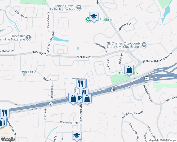 map of restaurants, bars, coffee shops, grocery stores, and more near 310 Harper Court in St. Peters