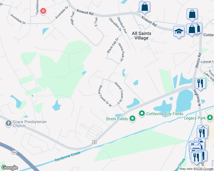 map of restaurants, bars, coffee shops, grocery stores, and more near 353 Round Tower Drive East in Cottleville