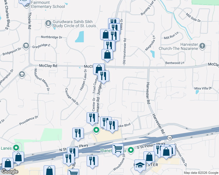 map of restaurants, bars, coffee shops, grocery stores, and more near 1335 Jungermann Road in St. Peters