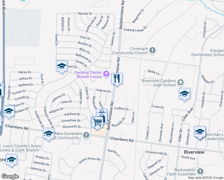 map of restaurants, bars, coffee shops, grocery stores, and more near 10201 Bellefontaine Road in St. Louis
