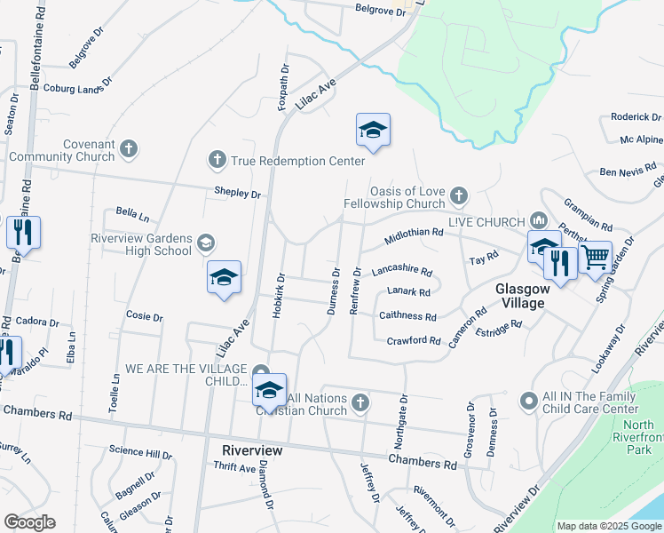 map of restaurants, bars, coffee shops, grocery stores, and more near 10436 Durness Drive in St. Louis