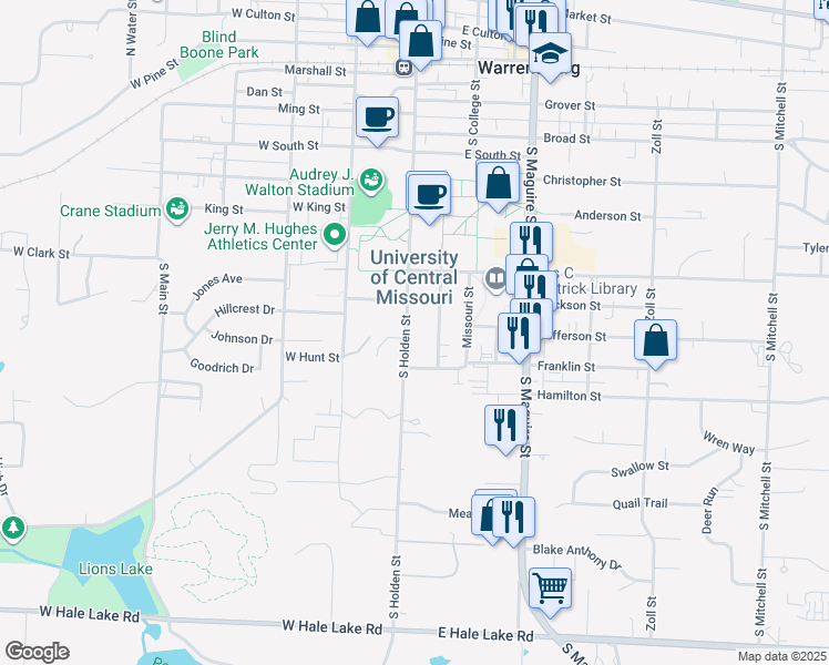 map of restaurants, bars, coffee shops, grocery stores, and more near 100 Houx Street in Warrensburg