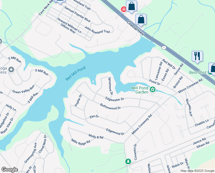 map of restaurants, bars, coffee shops, grocery stores, and more near 31026 Sycamore Drive in Lewes