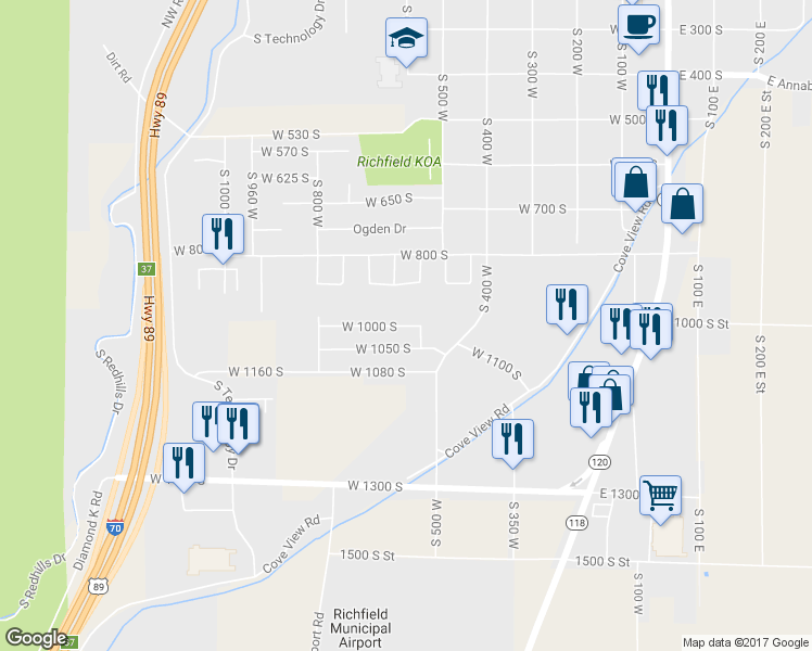 map of restaurants, bars, coffee shops, grocery stores, and more near 554 West 1000 South in Richfield