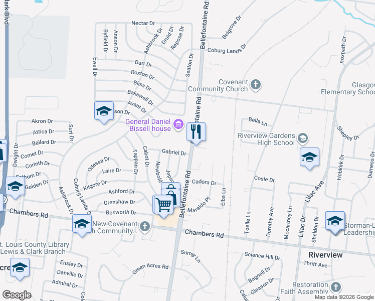 map of restaurants, bars, coffee shops, grocery stores, and more near 10201 Bellefontaine Road in St. Louis