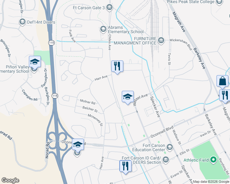map of restaurants, bars, coffee shops, grocery stores, and more near in Colorado Springs