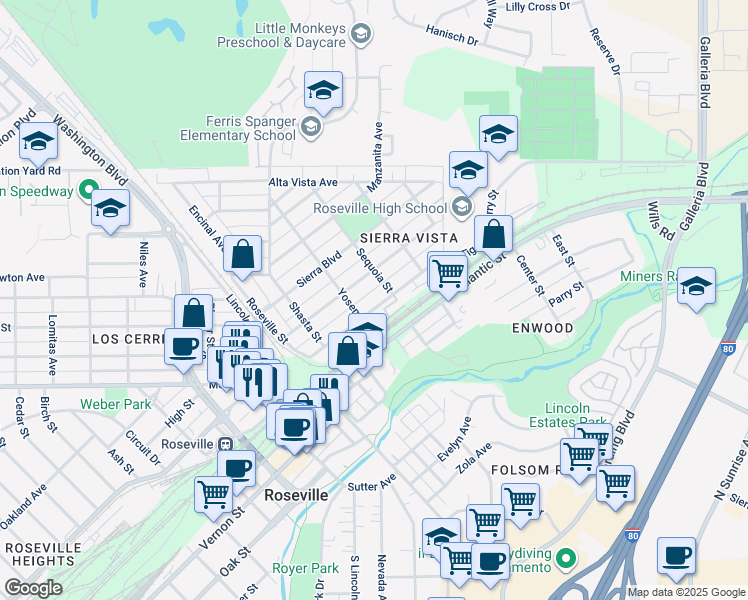 map of restaurants, bars, coffee shops, grocery stores, and more near 400 Coronado Avenue in Roseville