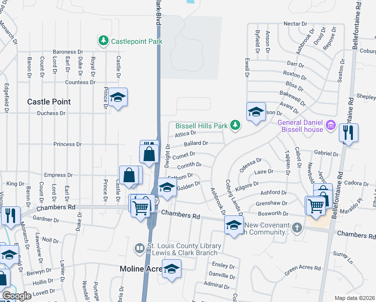map of restaurants, bars, coffee shops, grocery stores, and more near 1521 Ballard Drive in St. Louis