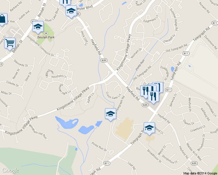 map of restaurants, bars, coffee shops, grocery stores, and more near 7453 Cross Gate Lane in Alexandria