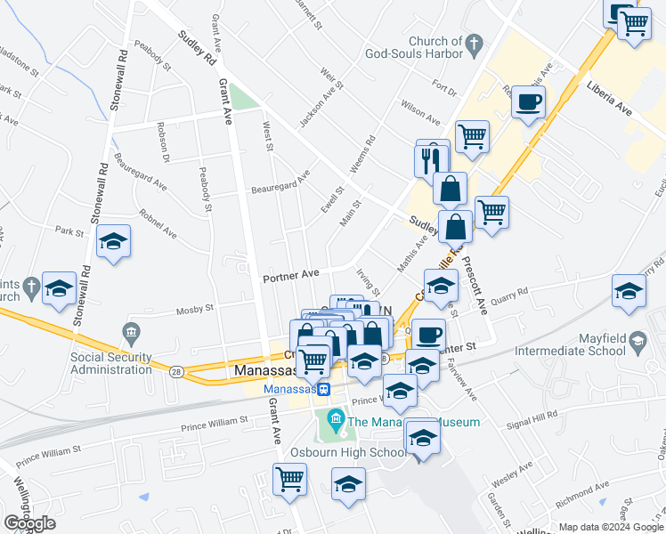 map of restaurants, bars, coffee shops, grocery stores, and more near 9218 Portner Avenue in Manassas