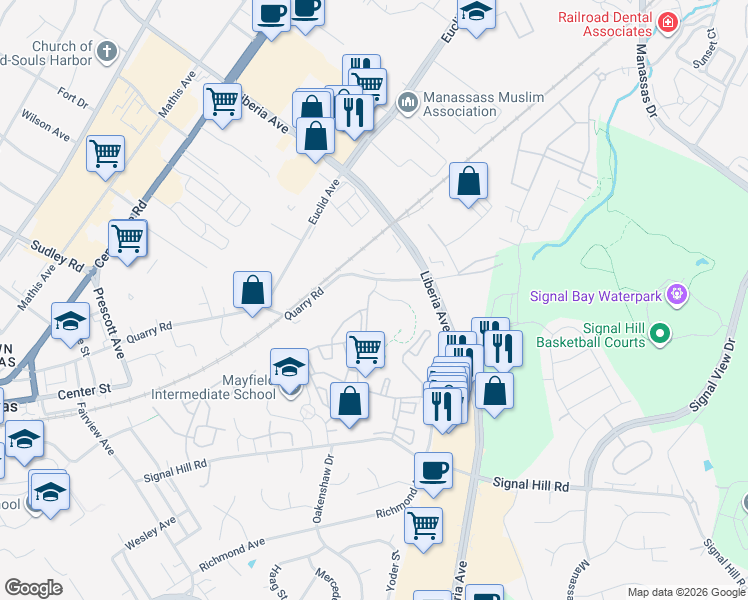 map of restaurants, bars, coffee shops, grocery stores, and more near 9553 Battery Heights Boulevard in Manassas