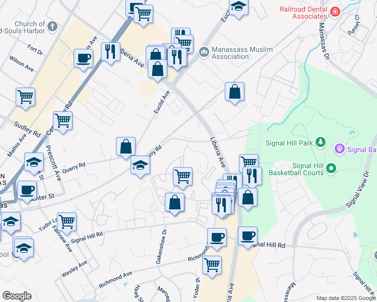 map of restaurants, bars, coffee shops, grocery stores, and more near 9553 Battery Heights Boulevard in Manassas