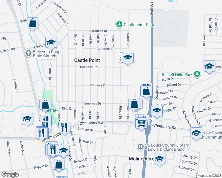 map of restaurants, bars, coffee shops, grocery stores, and more near 10205 Royal Drive in St. Louis