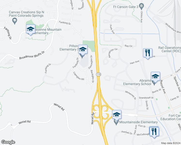 map of restaurants, bars, coffee shops, grocery stores, and more near 5420 Backglen Drive in Colorado Springs