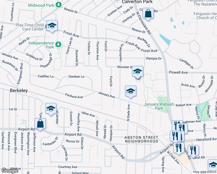 map of restaurants, bars, coffee shops, grocery stores, and more near 537 Ford Drive in Ferguson