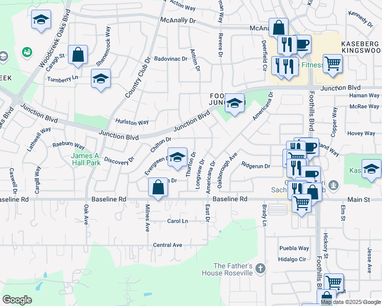 map of restaurants, bars, coffee shops, grocery stores, and more near 201 Scrub Oak Court in Roseville