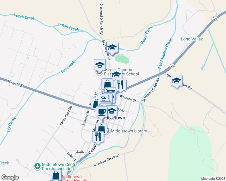 map of restaurants, bars, coffee shops, grocery stores, and more near 20932 Big Canyon Road in Middletown