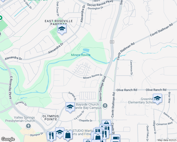 map of restaurants, bars, coffee shops, grocery stores, and more near 105 Huddlestone Circle in Roseville