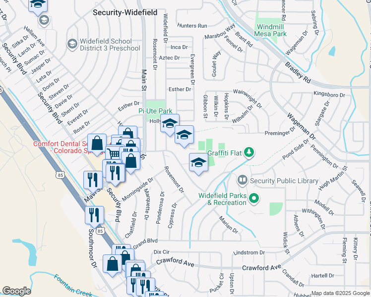 map of restaurants, bars, coffee shops, grocery stores, and more near 615 Widefield Drive in Colorado Springs