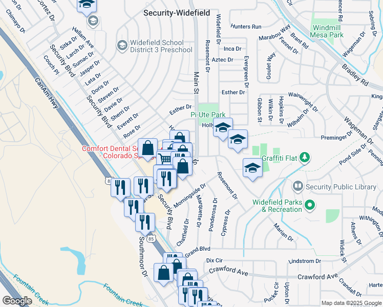 map of restaurants, bars, coffee shops, grocery stores, and more near 700 Hallam Avenue in Colorado Springs