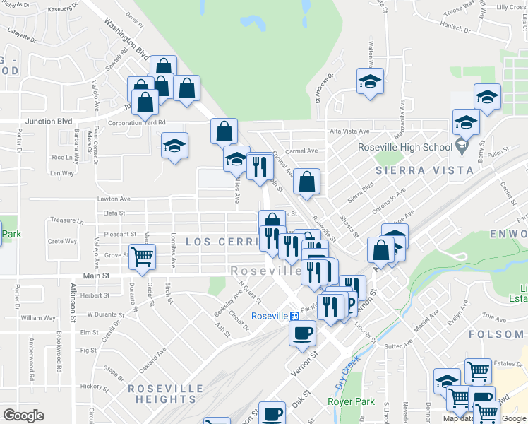 map of restaurants, bars, coffee shops, grocery stores, and more near 611 Washington Boulevard in Roseville