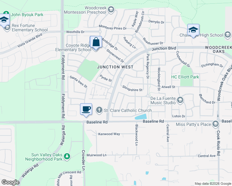 map of restaurants, bars, coffee shops, grocery stores, and more near 1880 Junction Boulevard in Roseville