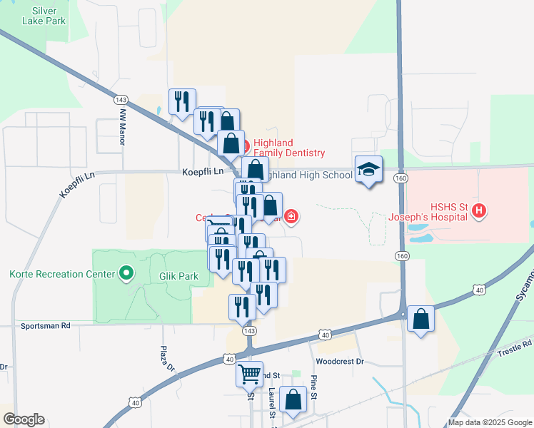 map of restaurants, bars, coffee shops, grocery stores, and more near 2774 Illinois 143 in Highland