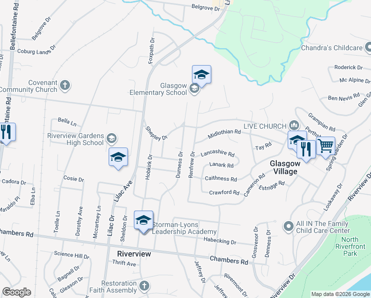 map of restaurants, bars, coffee shops, grocery stores, and more near 10436 Durness Drive in St. Louis