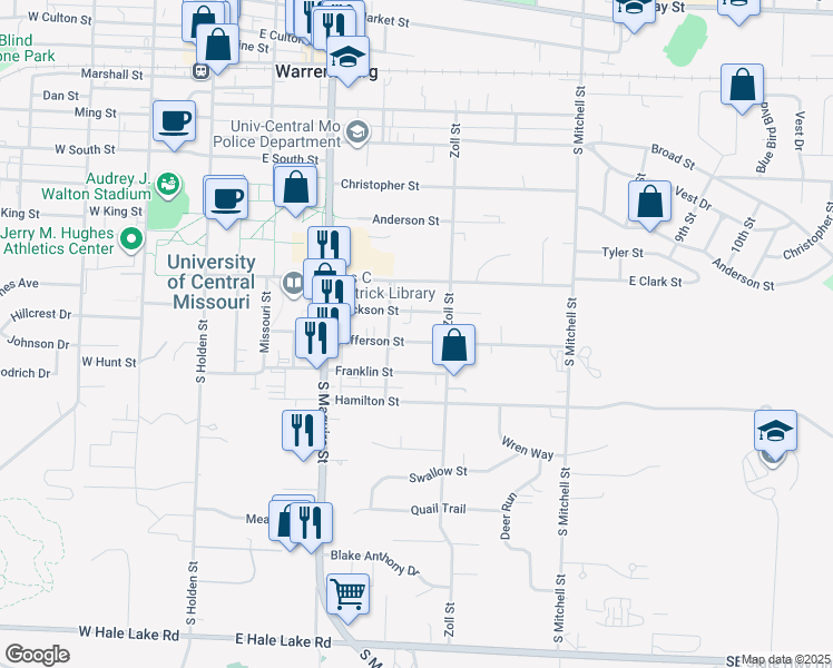 map of restaurants, bars, coffee shops, grocery stores, and more near 416 Jackson Street in Warrensburg