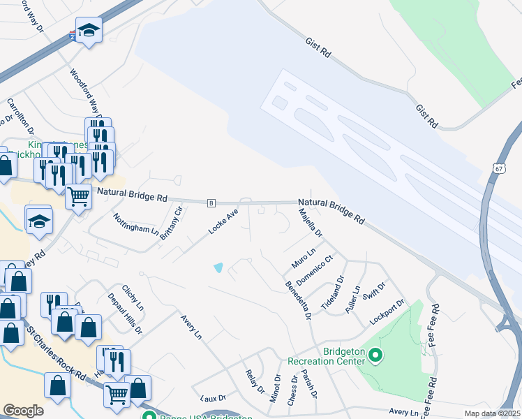 map of restaurants, bars, coffee shops, grocery stores, and more near 11972 Natural Bridge Road in Bridgeton