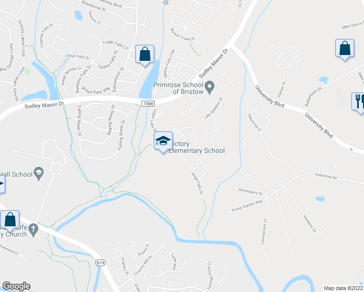 map of restaurants, bars, coffee shops, grocery stores, and more near 12033 Dawn Falls Way in Bristow