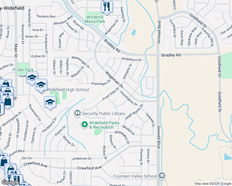map of restaurants, bars, coffee shops, grocery stores, and more near 1150 Pond Side Drive in Colorado Springs