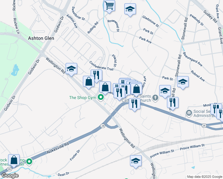 map of restaurants, bars, coffee shops, grocery stores, and more near 9312 West Street in Manassas