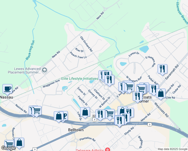 map of restaurants, bars, coffee shops, grocery stores, and more near 33156 North Village Loop in Lewes