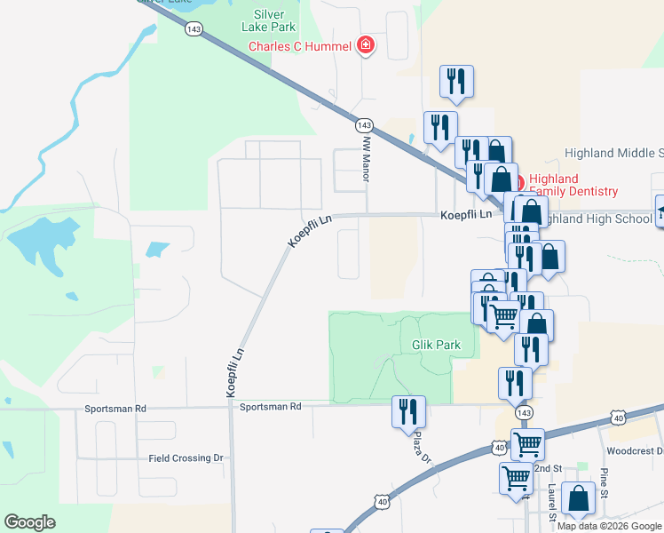 map of restaurants, bars, coffee shops, grocery stores, and more near 2624 Pineview Drive in Highland