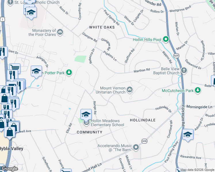 map of restaurants, bars, coffee shops, grocery stores, and more near 7409 Recard Lane in Alexandria