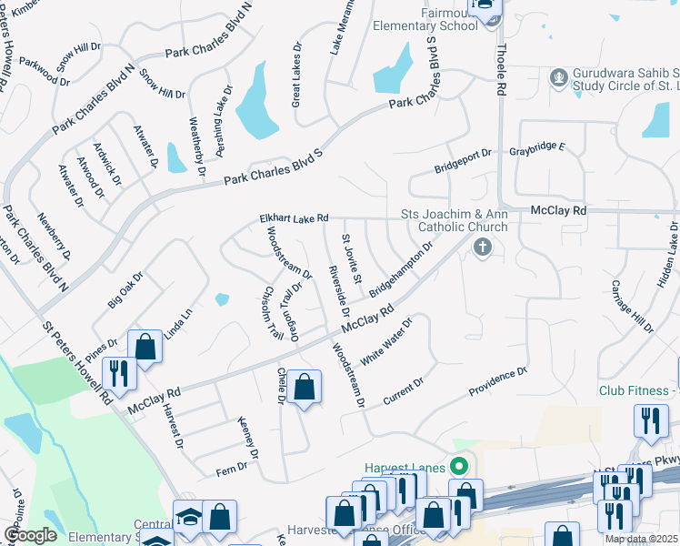 map of restaurants, bars, coffee shops, grocery stores, and more near 616 Riverside Drive in St. Charles