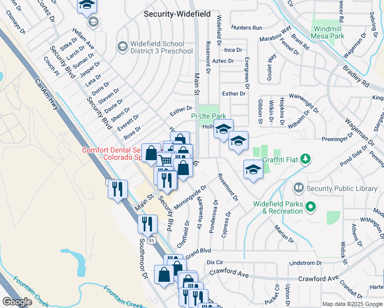map of restaurants, bars, coffee shops, grocery stores, and more near 700 Hallam Avenue in Colorado Springs