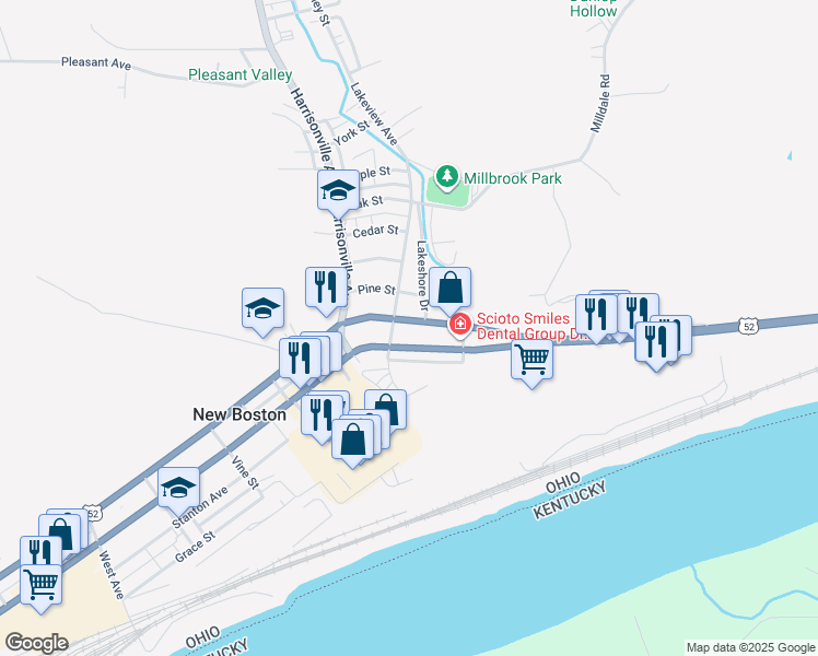 map of restaurants, bars, coffee shops, grocery stores, and more near 4301 Gallia Street in New Boston