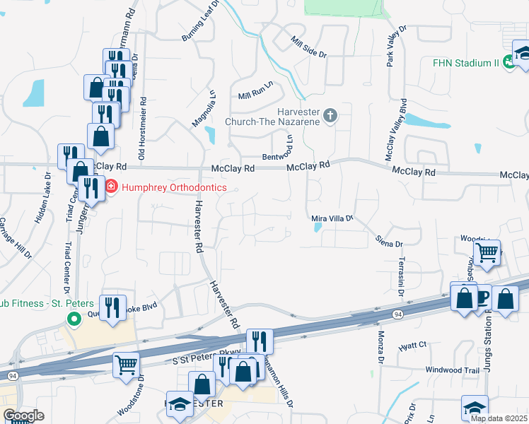 map of restaurants, bars, coffee shops, grocery stores, and more near 1006 Sugar Creek Court in St. Peters